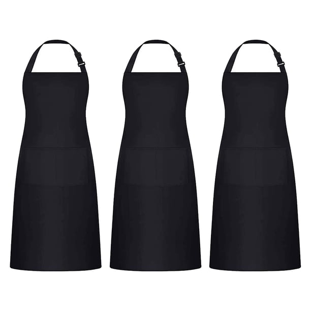 Apuakthei 3 piezas de delantales ajustables con bolsillos, delantales de cocina, delantales de cocina, delantales de cocina, utilizados en cocinas, restaurantes y cafés (negro, algodón)