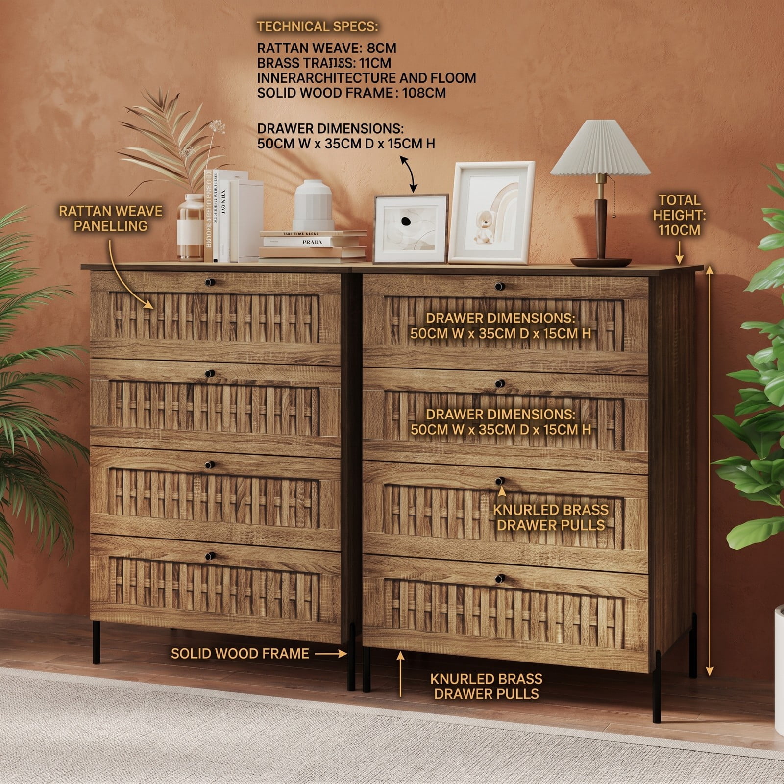 Furnibear 4-Drawer Dresser with Woven Rattan-Textured Fronts and Sturdy Metal Legs for Bedroom Living Room and Hallway Storage, Caramel Oak