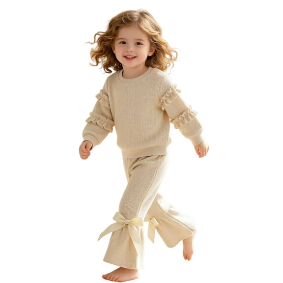 XAOFW Baby Girl Outfits Pleated Long Sleeve Crewneck Tops And Bowknot Pants Toddler Kids Autumn Cute Clothes Sets 12-18 Months