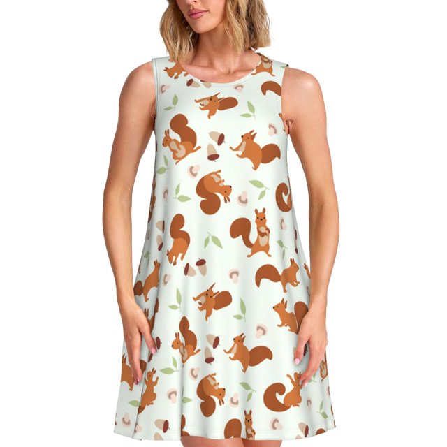Fotbe Squirrel Playing Vestido de Verano sin Mangas para Mujer – Vestido Midi Línea A, Estilo Camiseta Floral, Vestido Playero Casual y Fluido
