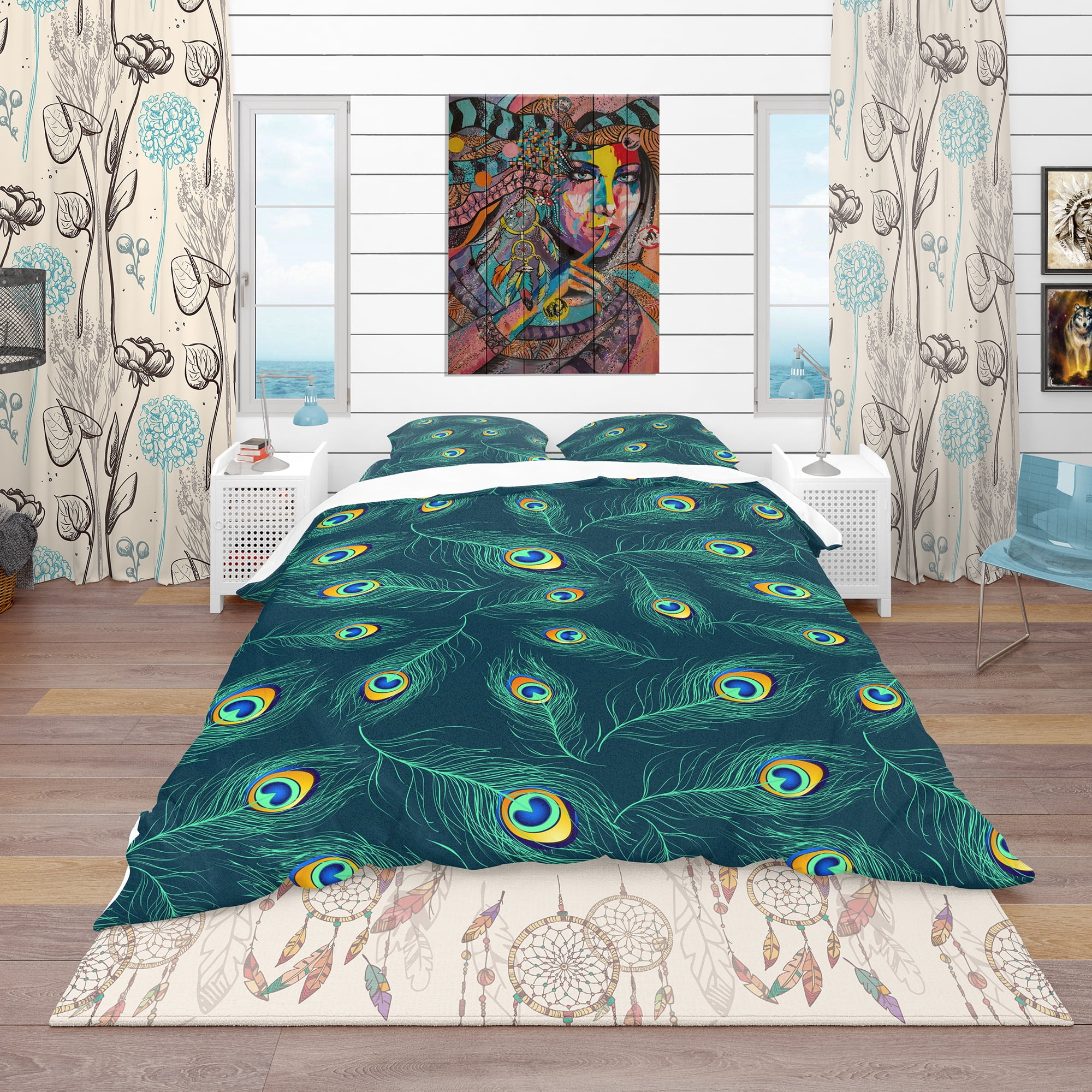 Designart 'Pattern of Peacock Feathers' Modern & Contemporary Duvet Cover Set