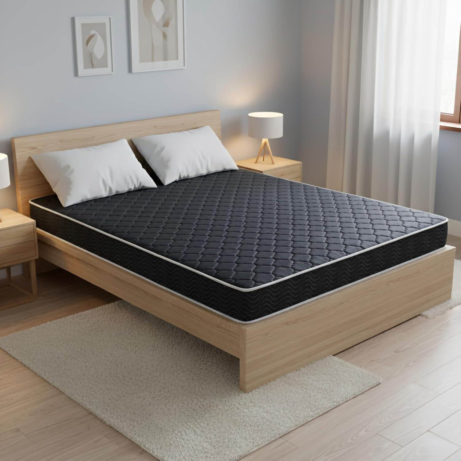 Innerspring Mattresses, 6-inch waterproof high-density foam mattress with navy blue diamond-quilted breathable fabric. Quilting ensures both style and airflow for cool sleep.Full size