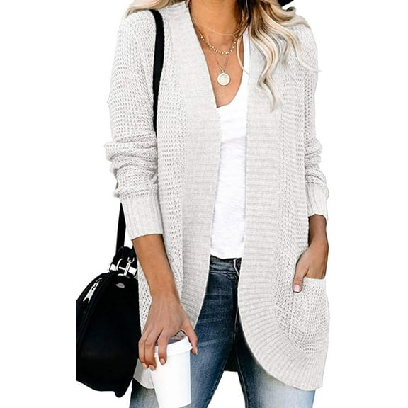 Womens Cardigan Sweater Coat Long Sleeve Open Front Knitted Outwear with Pockets