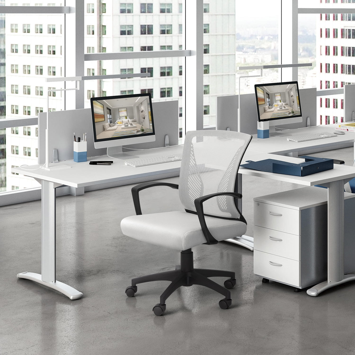 Lacoo Mid-Back Office Desk Chair Ergonomic Mesh Task Chair with Lumbar Support, White