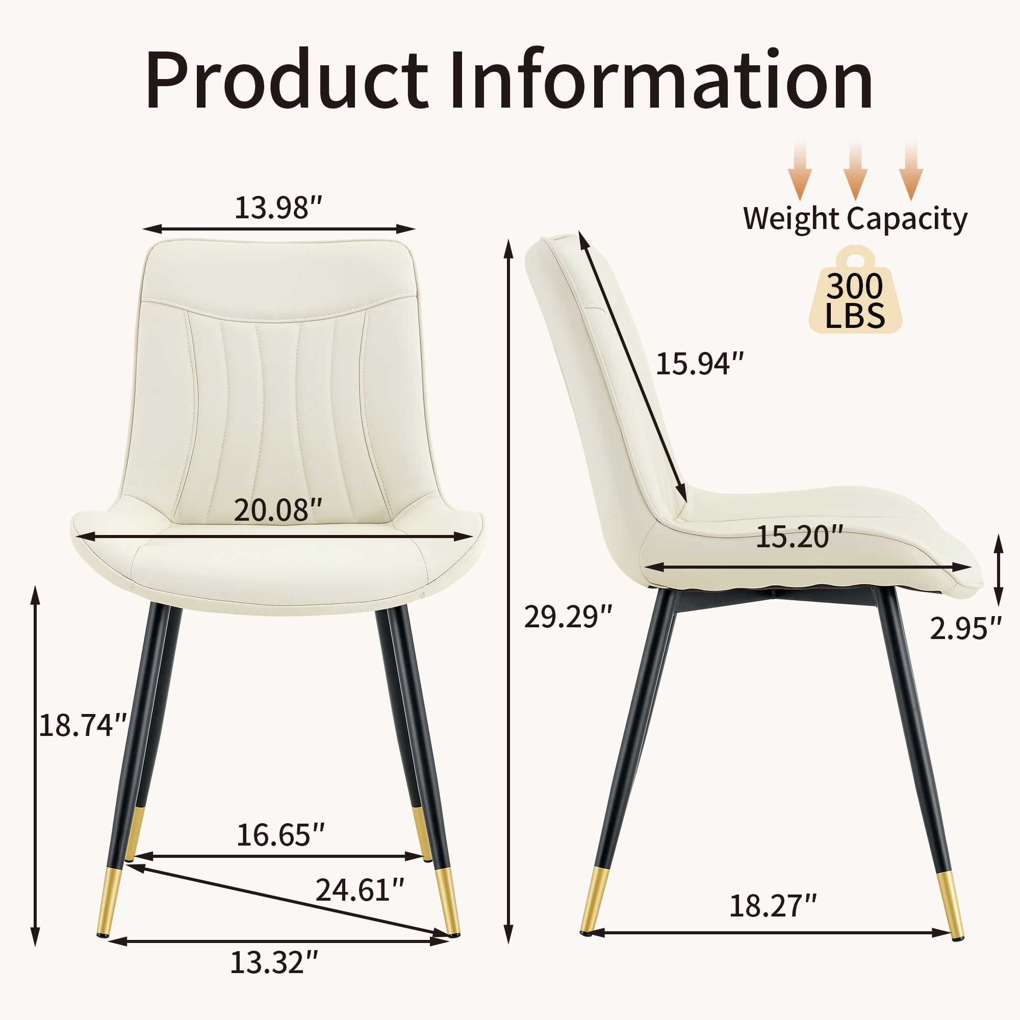 Leumius Dining Chairs Set of 2, Tech Fabric Upholstered Dining Chairs with Semi-Gloss Black Metal Legs, Gold-Trimmed Adjustable Non-Slip Feet, Vertical-Stitched High Back for Dining Room White