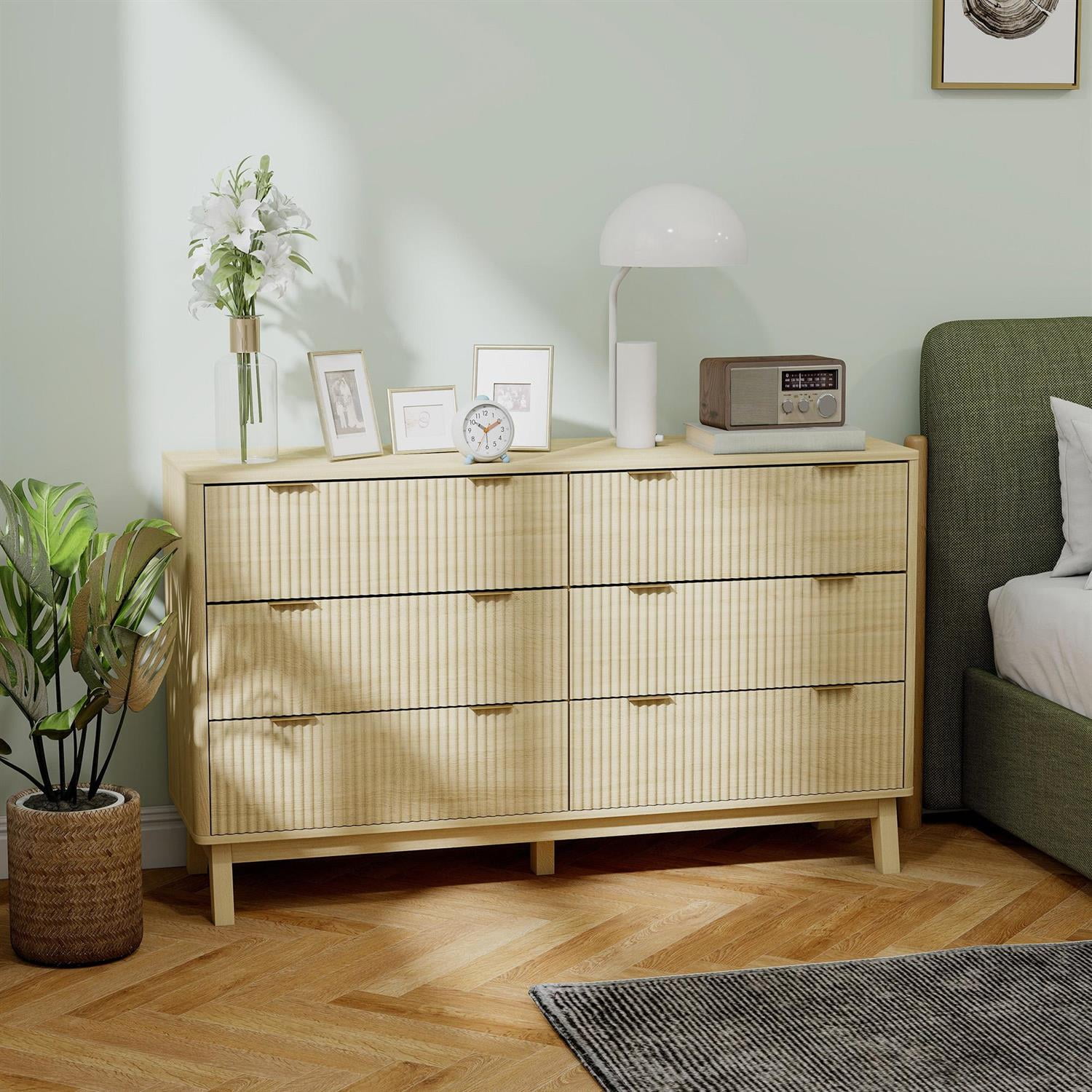 Demi Bonn 6 Drawer Dresser for Bedrooms with Wood Legs and Gold Pulls, Storage Fluted Chest, Beige