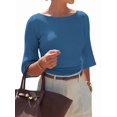 thumbnail image 3 of Women's 3/4 Sleeve Top Ruched Waist Fitted Tops for Women Crop Boat Neck Ribbed Bell Sleeve Flare Blue S, 3 of 8
