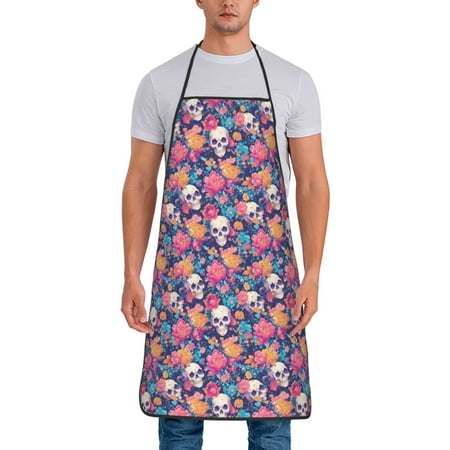 

Xecao colorful Skull flower daisy Print Funny BBQ Chef Aprons for Men Women Adjustable Kitchen Cooking Aprons with Pocket Waterproof Oil Proof No Pilling Fading
