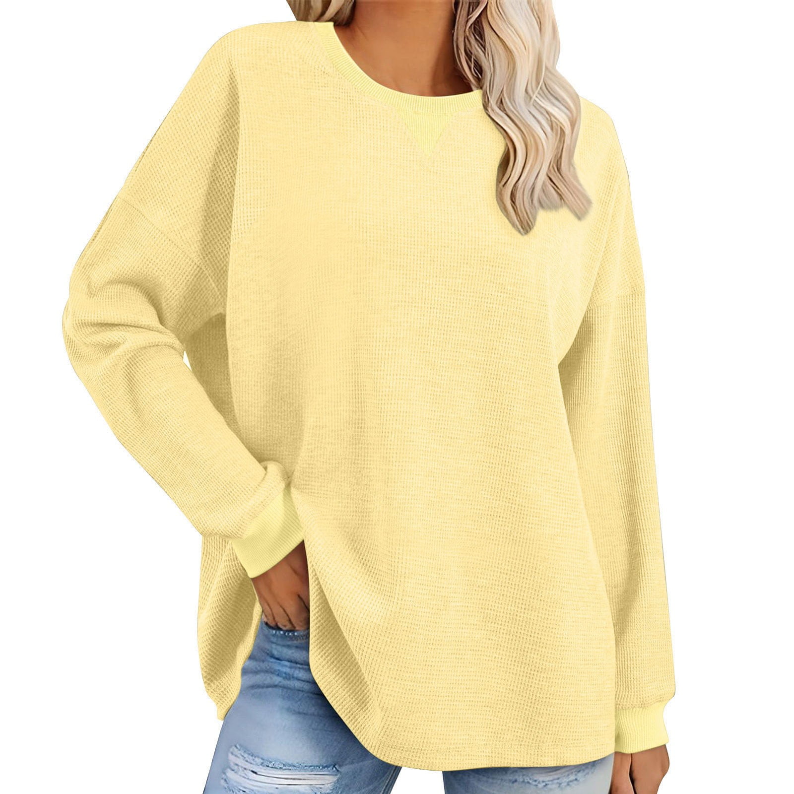 Timegard Chandails pour Femmes Surdimensionnés Tricotés à Col Rond à Manches Longues Chandails à Enfiler Décontractés Amples et Confortables Blouses