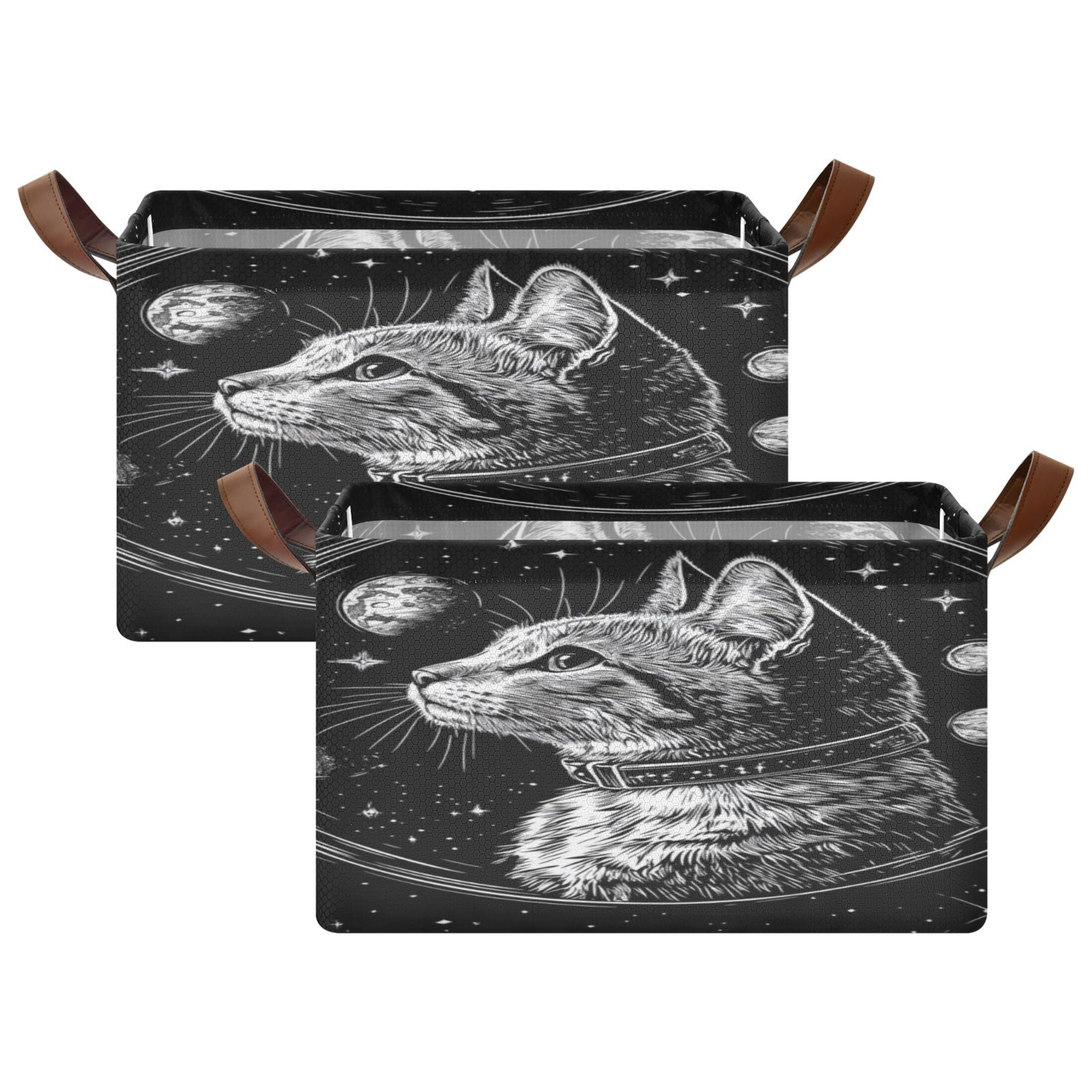 WOBOGO Cat Black Universe Pattern Storage Basket 16.9×11.4×10in Collapsible Oversized with Metal Iron Frame Set of 1