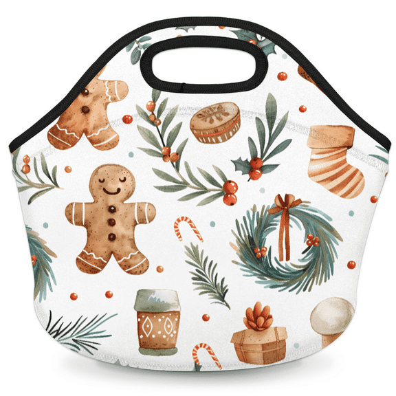 Herdesigns Christmas Gingerbread Wreaths Insulated Neoprene Lunch Bag for Women Men Lunch Box Washable Reusable Lunch Tote Lightweight Lunch Handbag for Work Outdoor Picnic