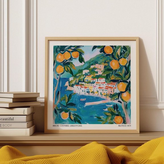 Amalfi Wall Art – Vibrant Coastal Italy Print With Lemons And Hillside Village, Matisse-Inspired Mediterranean Scene, Minori Amalfi Coast Wall Art, Modern Wall Decor, 30x30 UNFRAMED