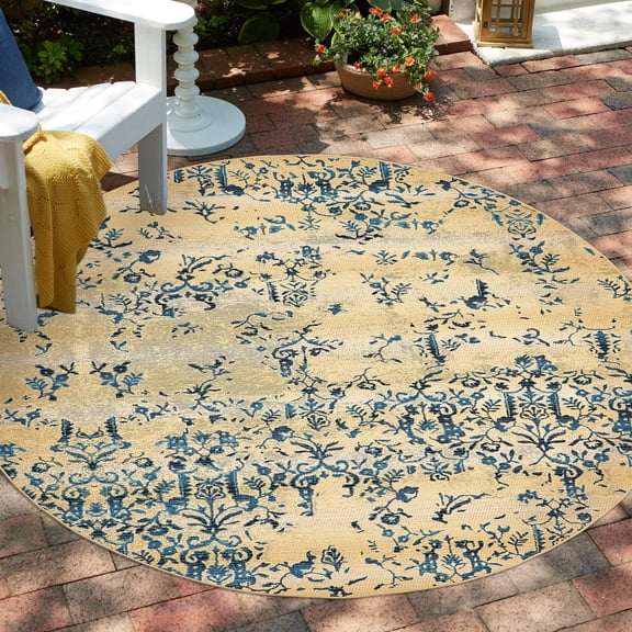 Unique Loom Outdoor Botanical Collection Area Rug - Ivy (8' Round Beige/Blue)