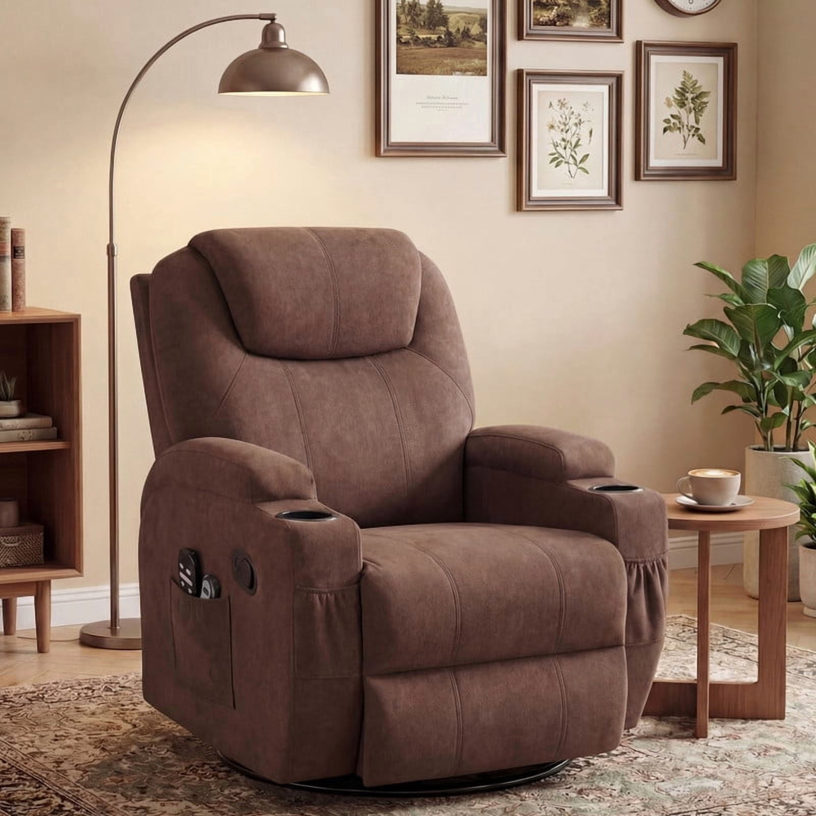 Lacoo PU Leather Swivel Rocker Recliner with Massage for Living Room Small Spaces Lounge Recliner Chair with Side Pockets for Adults,Linen Brown