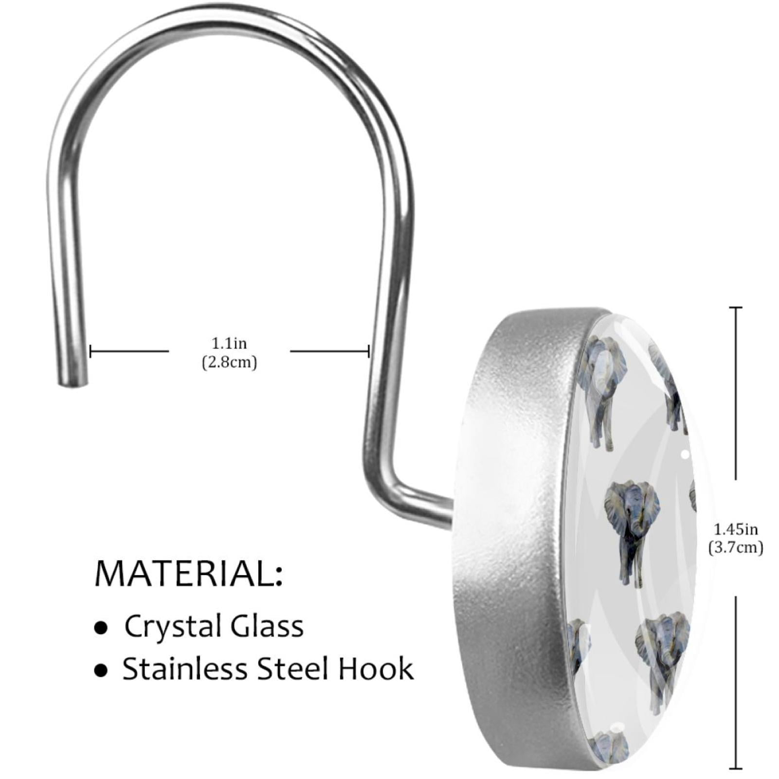 Elephant Shower Curtain Hooks （Set of 12） for Home Hotel Shower Rods Bathroom Crystal Glass Print Stainless Steel Round Curtain Hooks