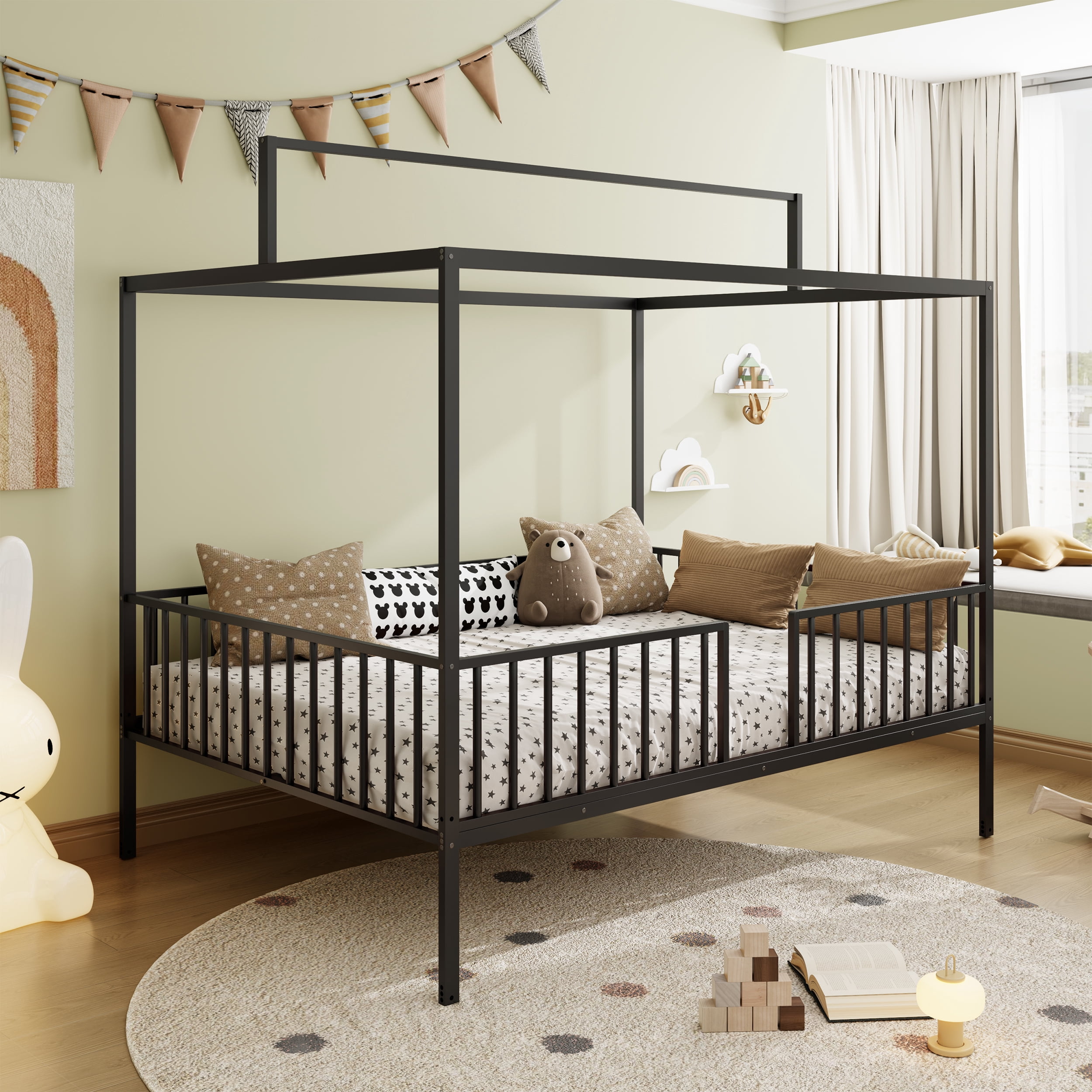 Euroco 3-in-1 Convertible Montessori Metal Bed, Toddler Bed, Floor Bed, Platform Bed,Modern Minimalist Design Canopy Bed Flame, Easy Assembly, Full Size, Black