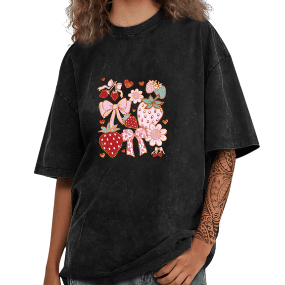 Black Washed T shirt Graphic Tees Strawberry Bow Pattern Romantic Outfit Shirts S-2XL Tops