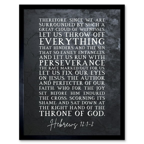 Hebrews 12:1-2 Let Us Fix Our Eyes on Jesus Christian Bible Verse Quote Scripture Typography Art Print Framed Poster Wall Decor 12x16 inch