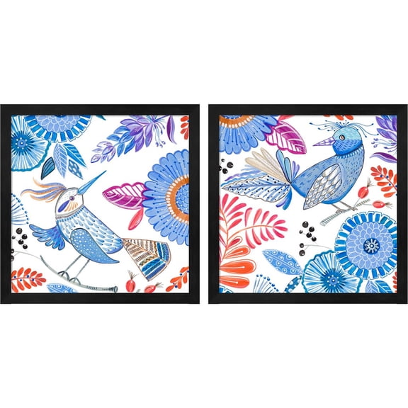 Great Art Now Bird with Flowers by Ani Del Sol, 2 Piece Framed Art Set Each 13"W x 13"H