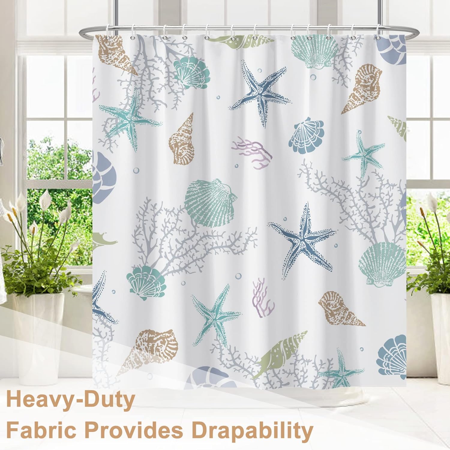 Nautical Coastal Shower Curtain, Coral Conch Starfish Seashell Bathroom Curtain, Ocean Theme Underwater Marine Shower Curtain Set with 12 Hooks for Bathroom 72" Wx72 L