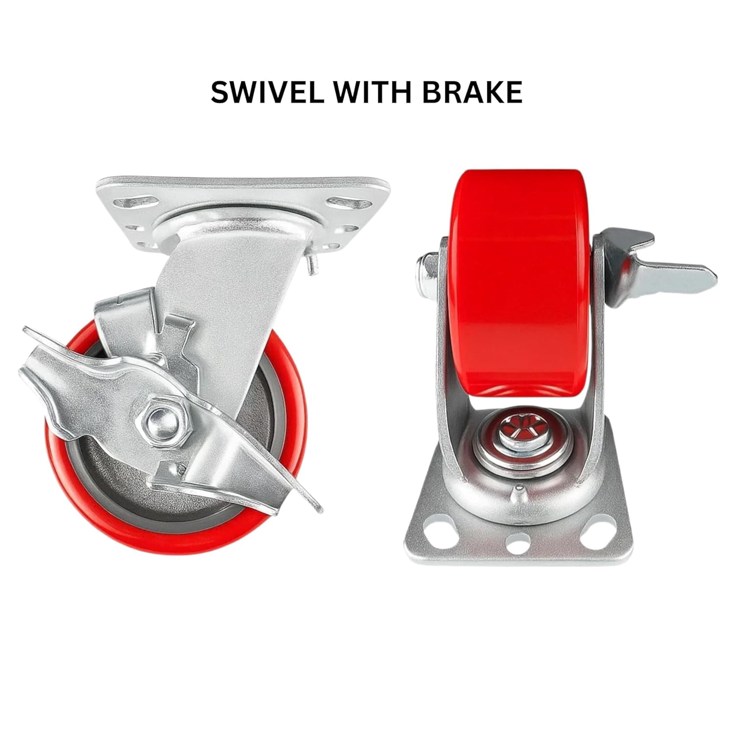 4 Heavy Duty Caster Set 5" Red Polyurethane on Cast Iron Wheels - 4 Swivel with Brake