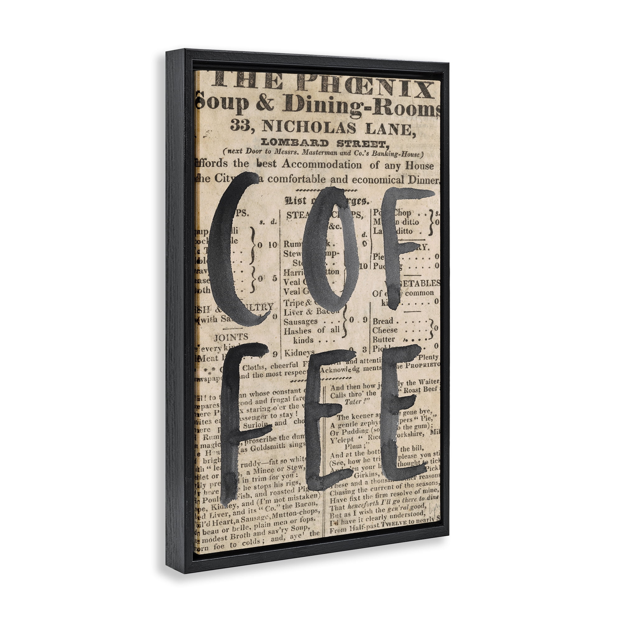 Stupell Industries Vintage Coffee Newspaper Black Framed Floater Canvas Wall Art, design by Lucille Price