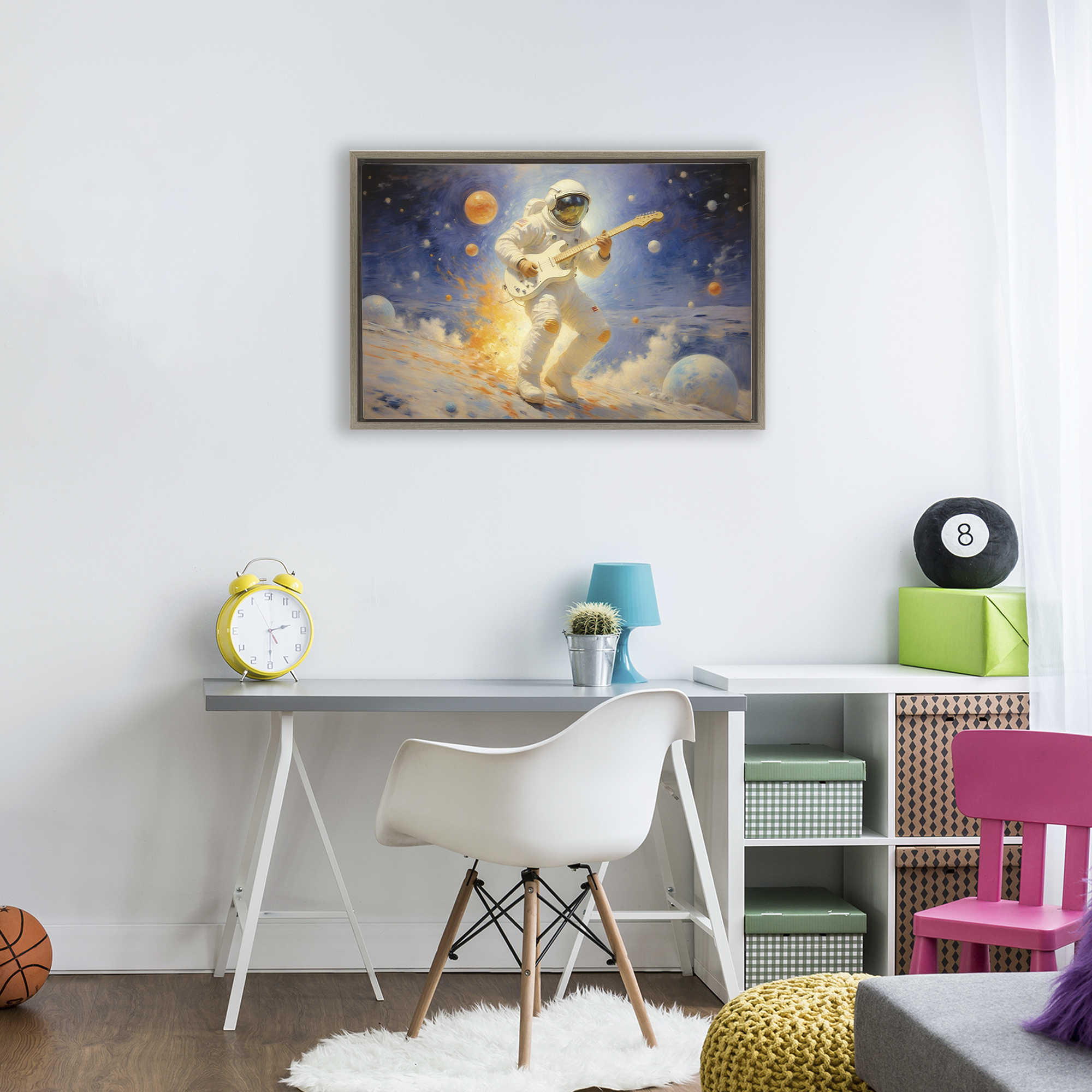 Space Astronaut Musician Brown Framed Floater Canvas Wall Art, design by Angie Hawke