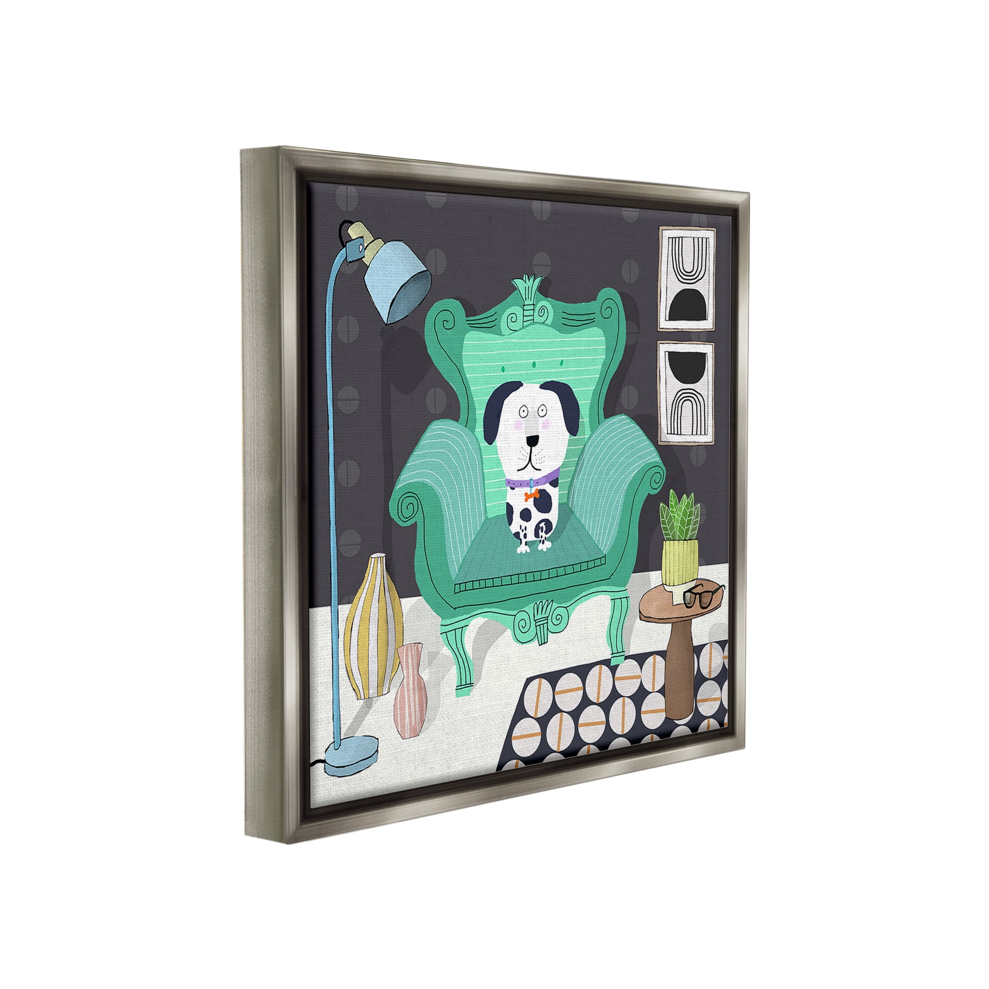 Stupell Industries Dog in Modern Room Animals & Insects Painting Gray Floater Framed Canvas Art Print Wall Art, 25 x 25