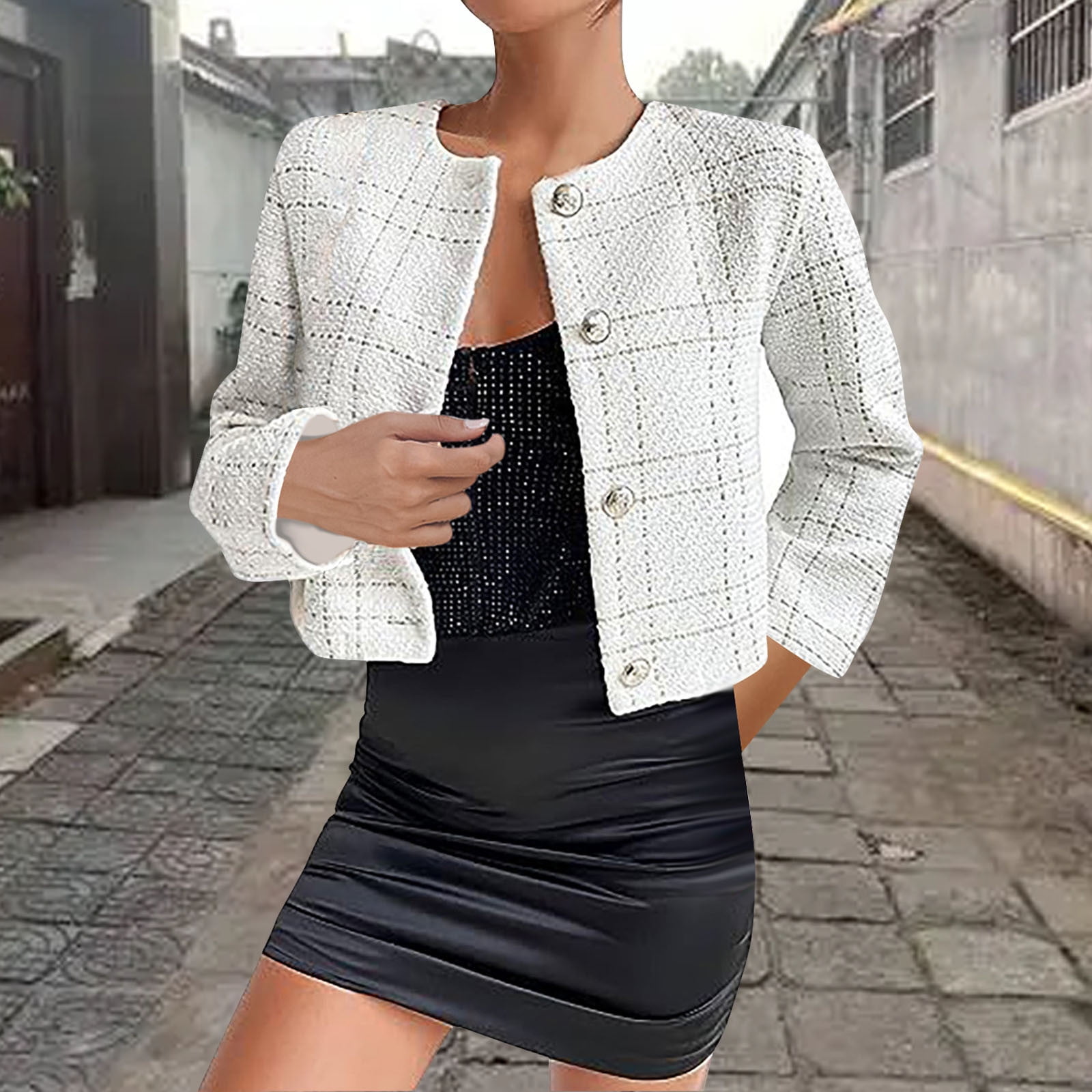 Fartey Womens Tweed Blazer Jacket 2024 Fall Cropped Open Front