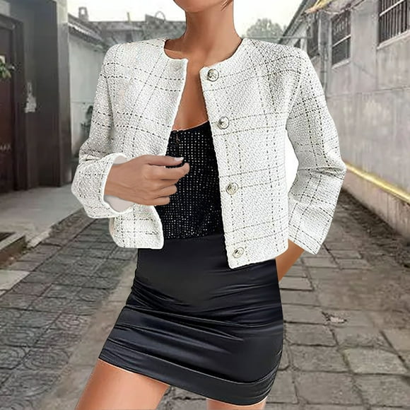 Fartey Womens Tweed Blazer Jacket 2024 Fall Cropped Open Front Collarless Jacket Casual Business Work Office Plaid Suit with Button
