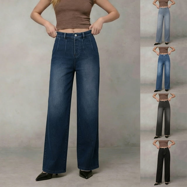Sentmoon Jeans pour Femmes à Jambe Grand Taille Mi-Haute Coupe Ajustée Jeans à Jambe Grand Mode Décontractée Tendance Style Moderne Confortable Pantalon en Denim Classique Élégant Tenue de Tous les Jours pour la Mode de Rue