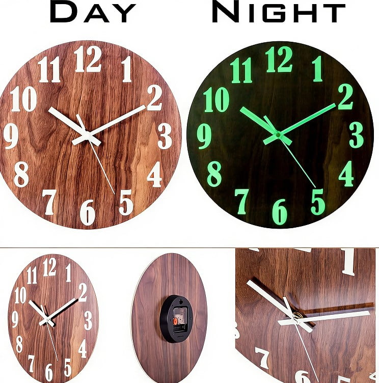 Nvzi Silent Wall Clock Glow in The Dark Non Ticking,12 Inch Night Light Battery Operated(Numeral)