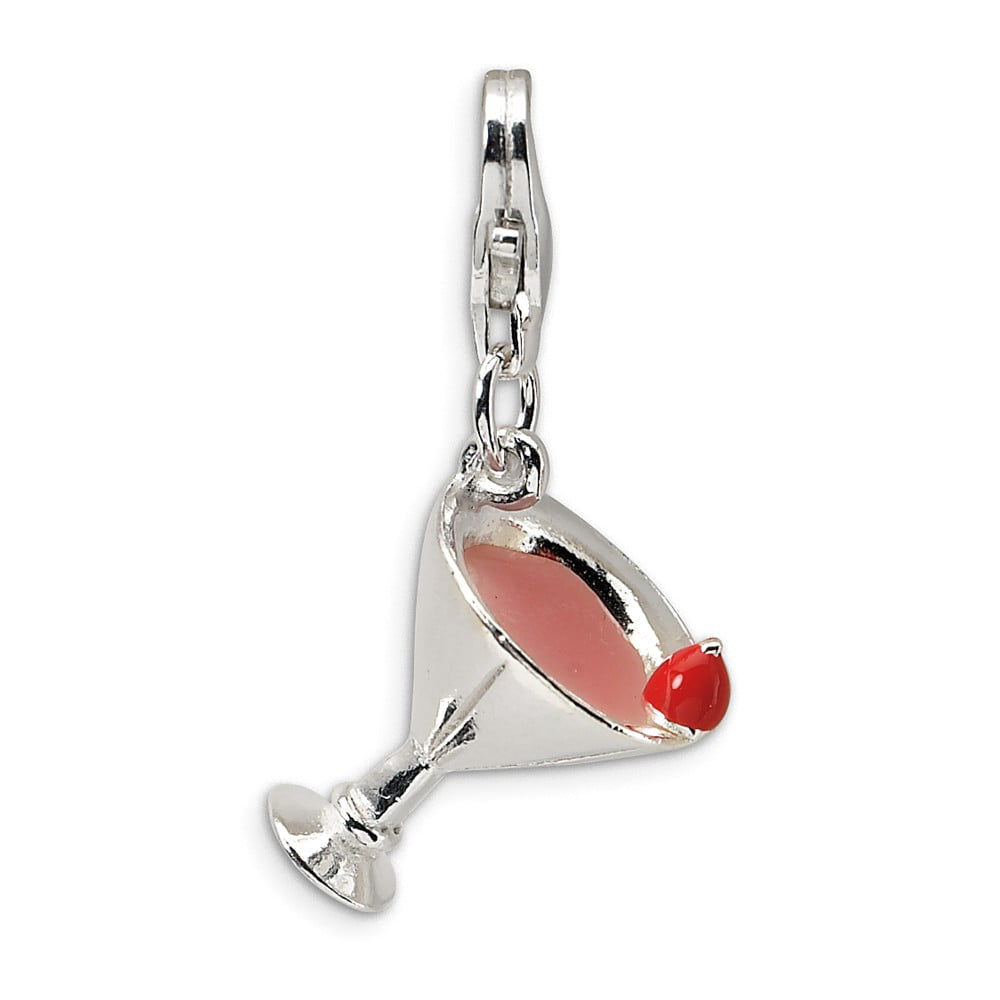 Sterling Silver 3-D Pink Enameled Martini w/Lobster Claw Clasp Charm