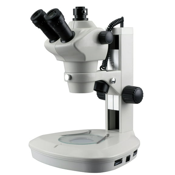 AmScope 8X-50X Track Stand Stereo Zoom Parfocal Trinocular Microscope w Top & Bottom LED Lights New
