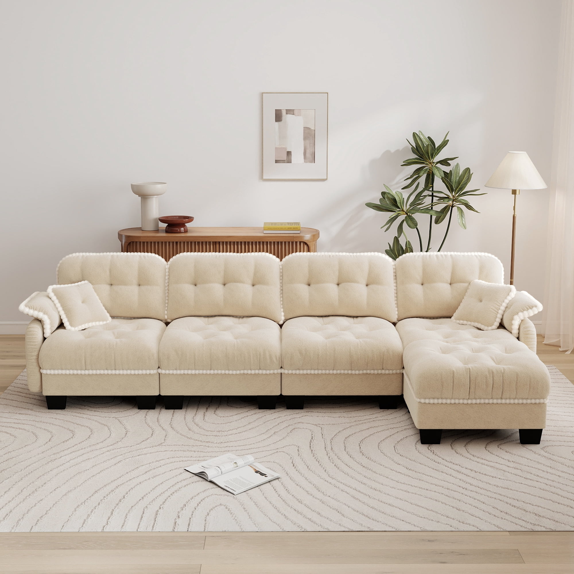 Aenkyo 131.5" Chenille Modular 4-Seater Sectional Sofa with Movable Ottoman, Beige