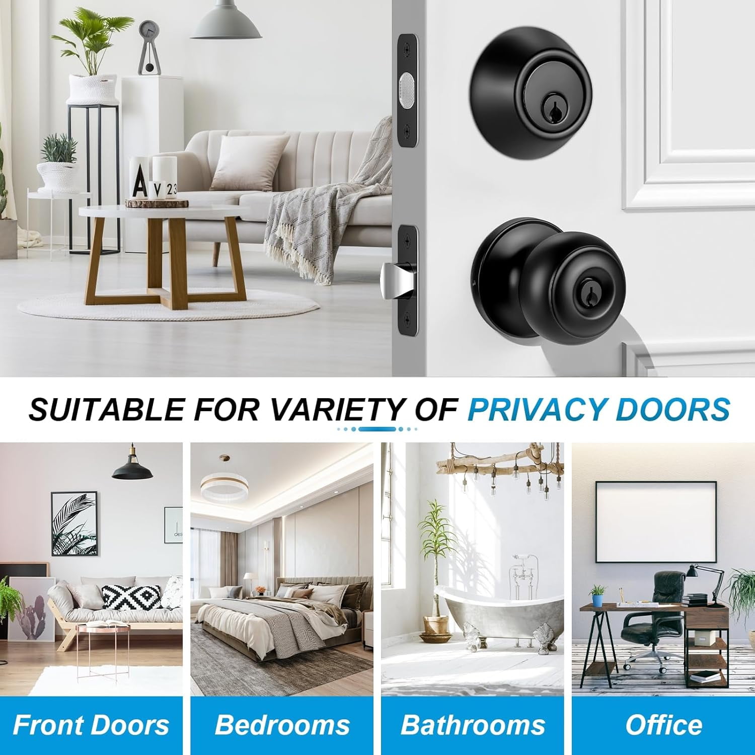 3 Pack Front Door Lock Set Matte Black,Exterior Door Lock Set with Deadbolt,Single Cylinder Deadbolt Lock and Door Knob Set,Keyed Alike Door Knobs with Lock&Keys,Round Ball Entry Door Lockset