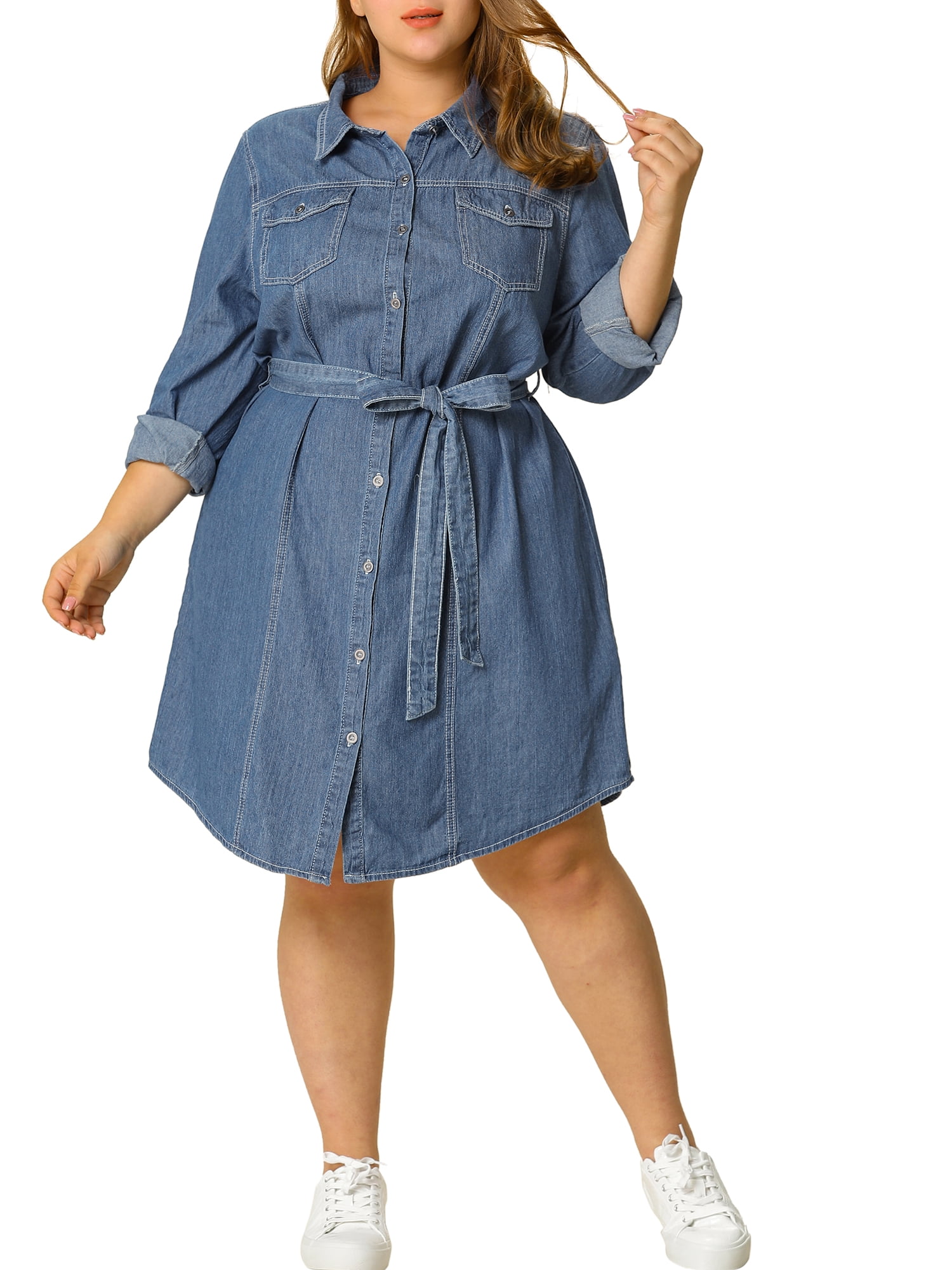 Women's Plus Size Long Sleeve Belted Above Knee Denim Shirt Dress