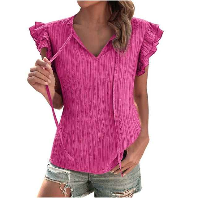 Womens Casual Summer Chiffon T Shirts Tie Neck Ruffle Short Sleeve Comfy Stretchy Work Office Blouses Tunic Tops