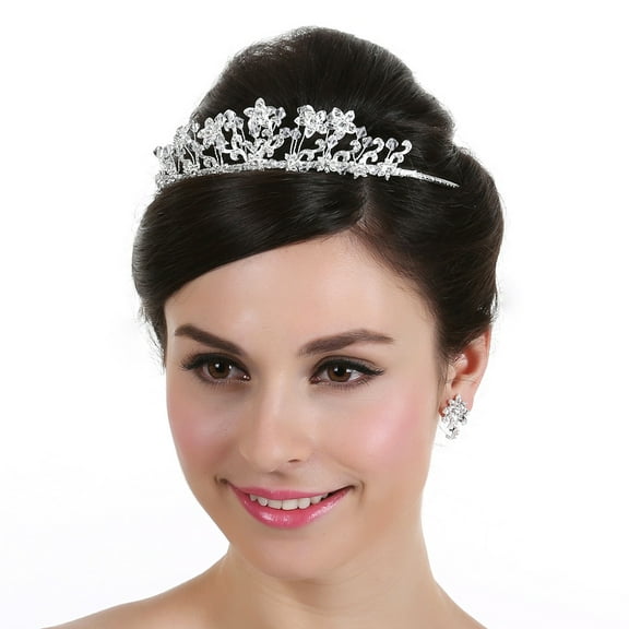 SAMKY Elegant Bridal Tiara Handcrafted Wedding Crown with Flower Ribbon, Crystal & Rhinestone Accents