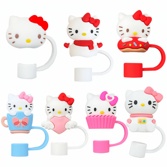 ZHZIYAG 7Pcs Hello Kitty Straw Cover for Stanley Cup, 10mm Cartoon Silicone Straw Topper for Stanley Cup 30/417oz Tumblers, Funny Reusable Lid Accessories WW728#396