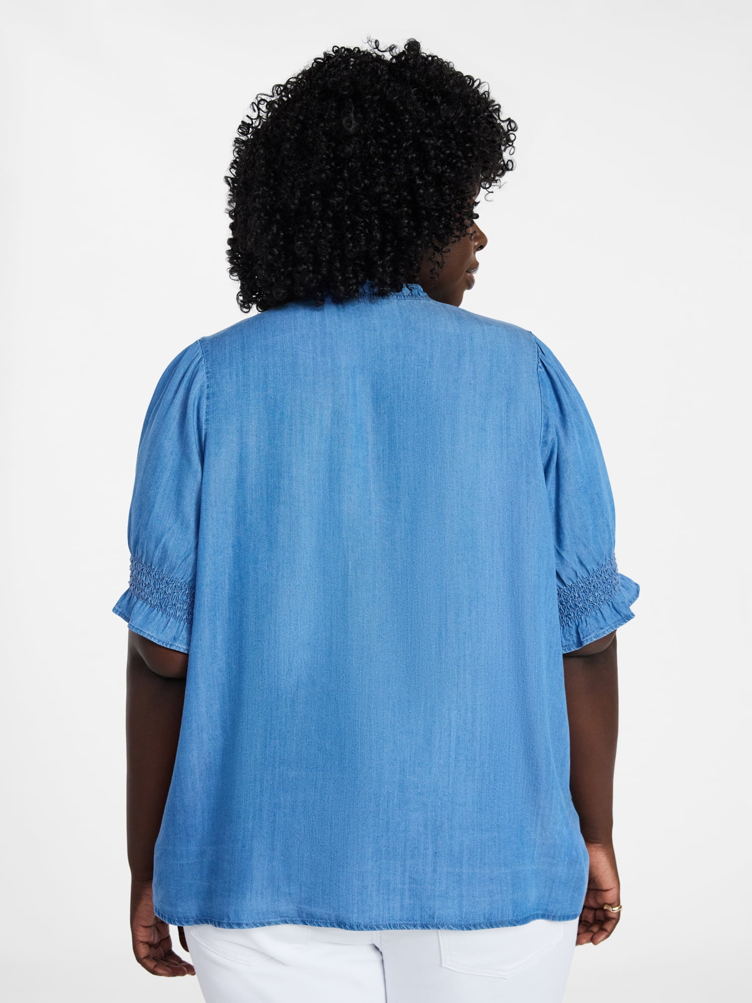 Terra & Sky Women's Plus Size Smock Yoke Top with Elbow Sleeves, Sizes 0X-5X