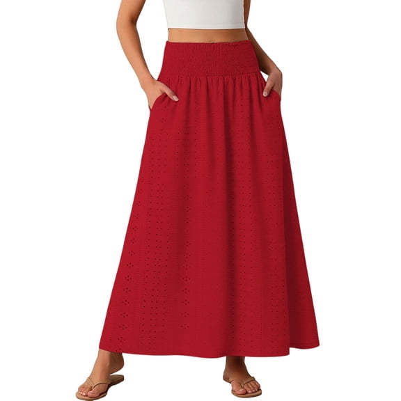 fheaev Flowy Skirts for Women High Waist Embroidered Hollow Out Maix A-Line Long Skirt Casual Going Out Outfits