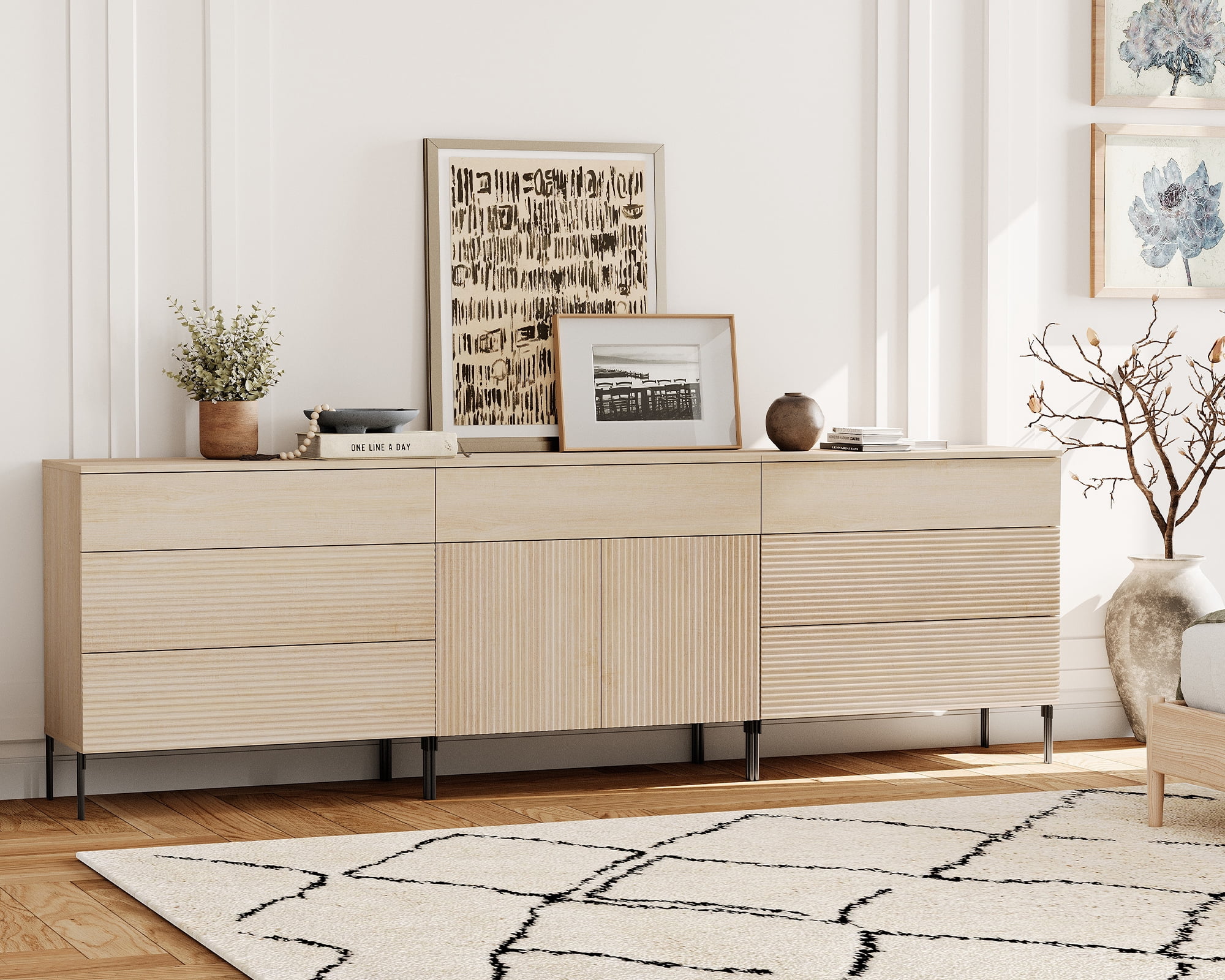 94.5" Modern Reeded 7-Drawer Dresser Set for Bedroom, Minimalist Chest of Drawers with Storage, Wooden Dresser for Living Room, Bedroom, Entryway