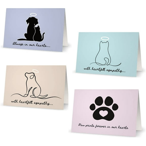 Pet Sympathy Note Cards Bulk Mixed 16 Pack  5.5 x 4" inches Notecard  4 Designs  Pet Loss  16 Total with Envelopes
