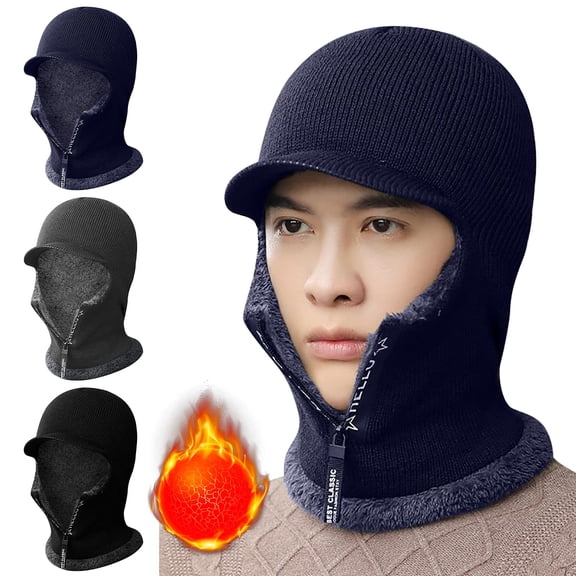 Gymayou Men Zip Up Knit Balaclava With Brim 2 in 1 Thermal Ski Face Mask Fleece Lined Windproof Beanie Hat