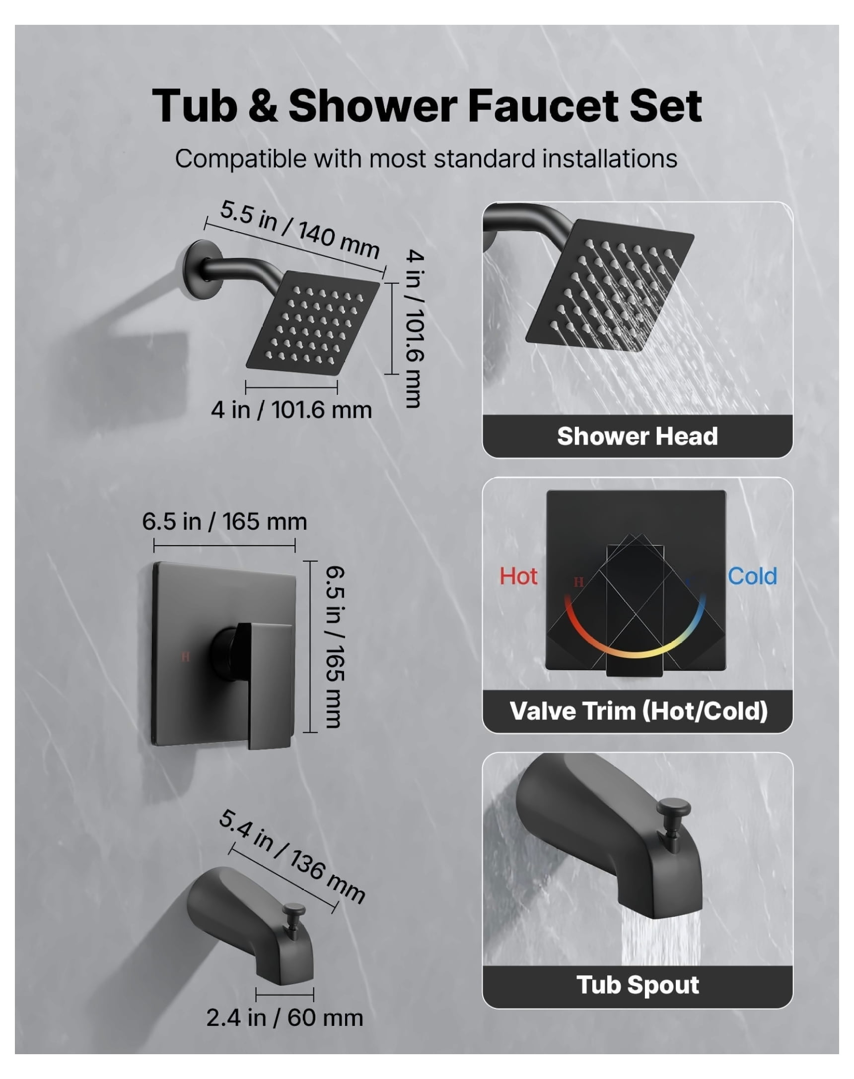 Tub & Shower Faucet Set, 4-Inch Rainfall Shower Head, Bathtub Spout, Matte Black