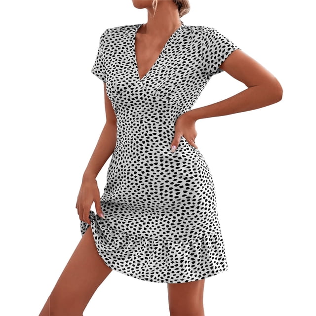 B91xZ Femmes Plus Size Robe Plissée Manches Courtes Robe Robe Bouton vers le Bas Wrap V Cou Casual Travail Robes Fluides, Blanc L
