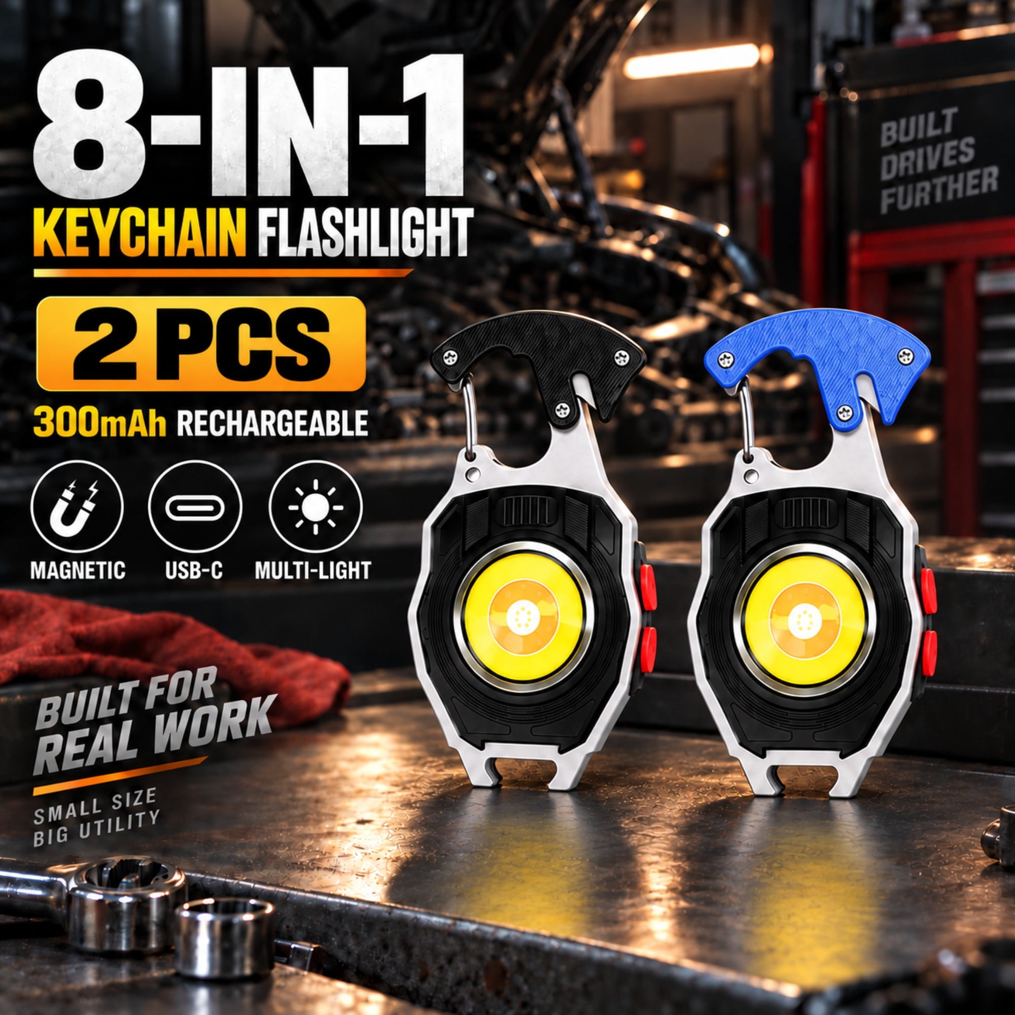 8-in-1 Multifunctional Keychain Flashlight Rechargeable Pocket EDC Multitool with Strobe Display Keychain Lighter Seat Belt Cutter Bottle Opener