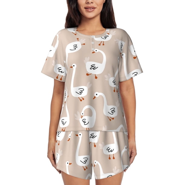 Fotbe White Goose Conjunto de Pijama Estampado para Mujer, 2 Piezas, Ropa de Dormir con Camiseta de Manga Corta y Shorts Suaves-Medium
