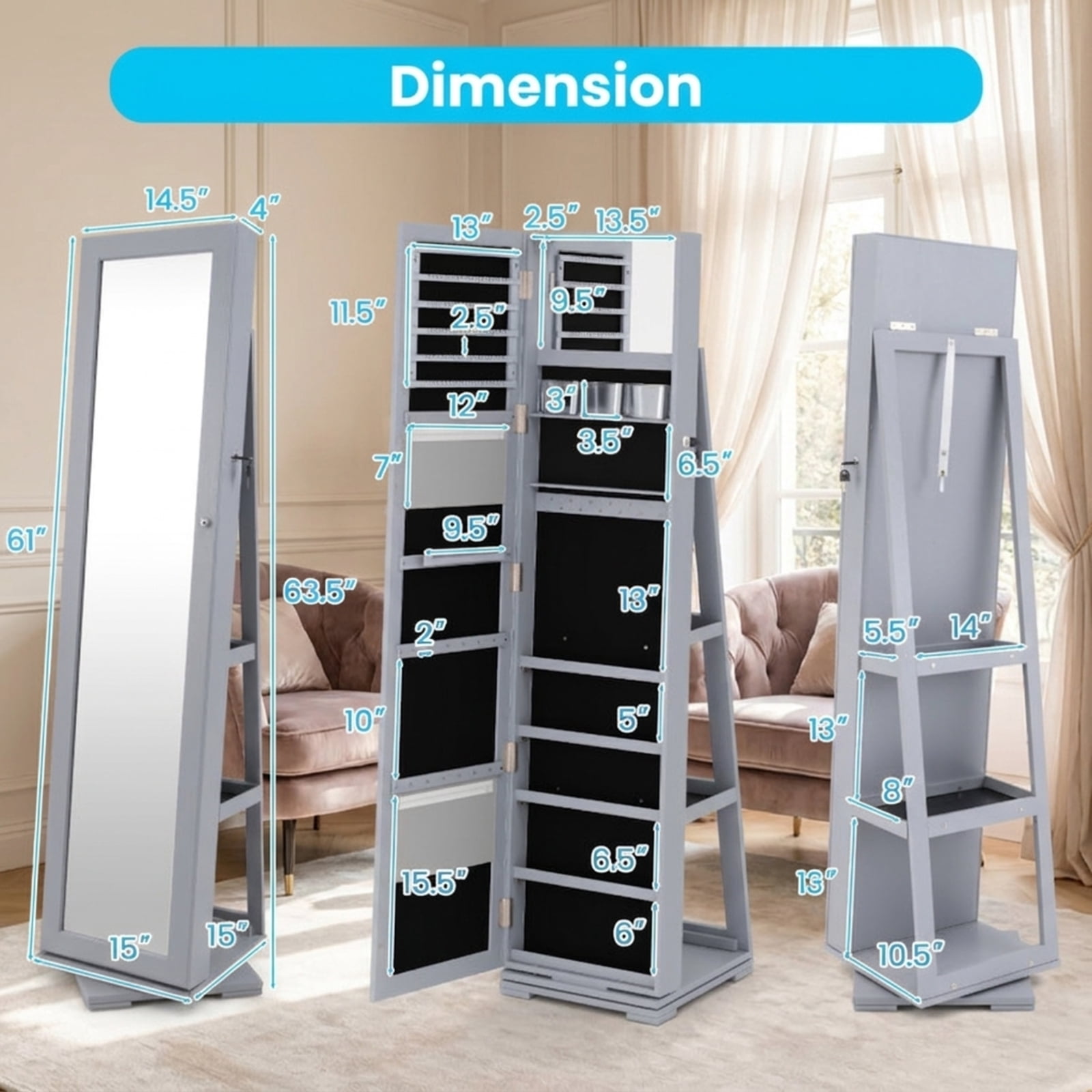 Furnibear 360° Rotatable 2-in-1 Lockable Jewelry Cabinet with Full-Length Mirror for Bedroom Dressing Room Jewelry Necklace Rings Storage Mirror, Gray